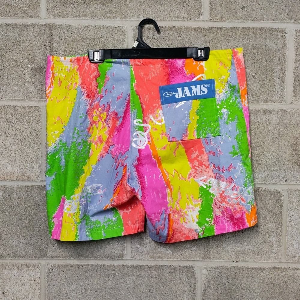 VTG JAMS World Surf Board Shorts Mens L Colorful Paint Splatter Design 80s